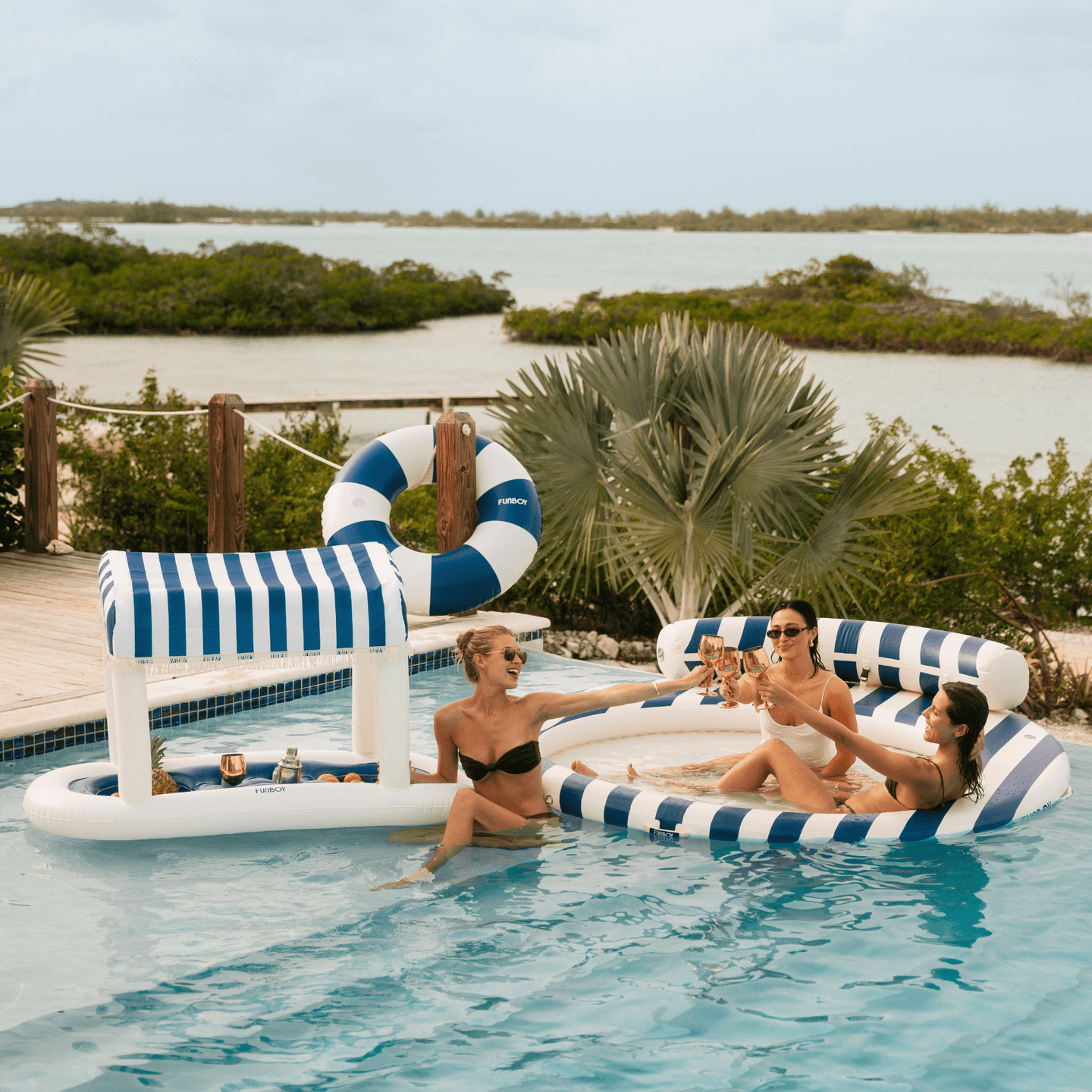 Inflatable Floating Cabana Bar - Navy & White Striped